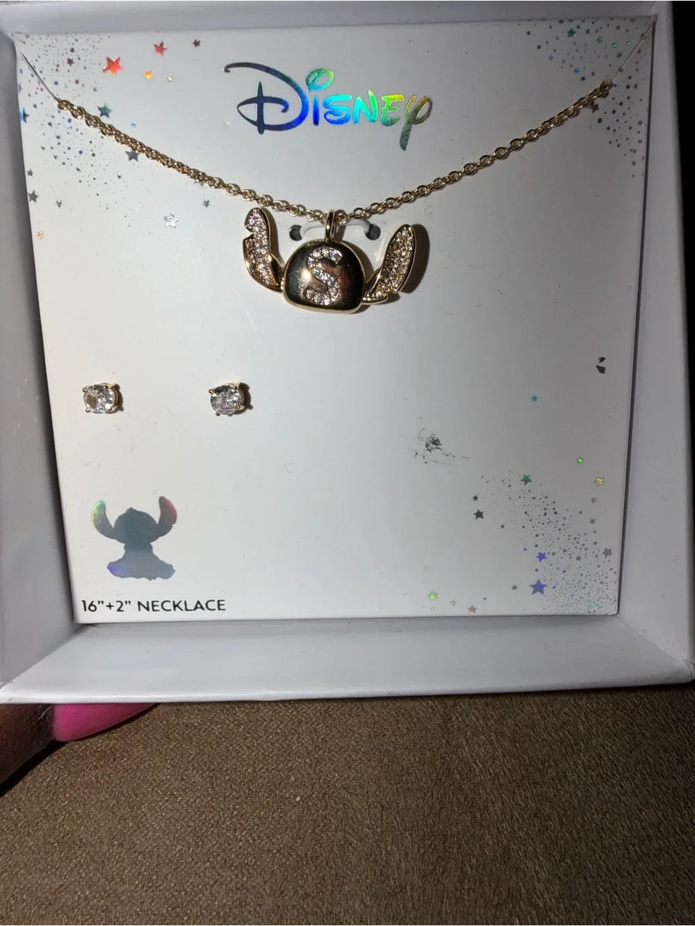 Disney Gold Toned Stitch Necklace & Stud Earrings Set - Rhinestone Accent